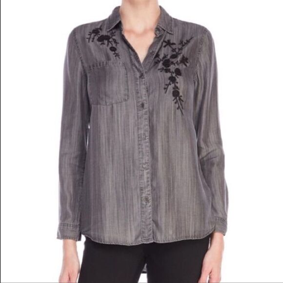 beachlunchlounge L Lyocell Gray Black Embroidered Button Down Casual Shirt - Picture 1 of 14